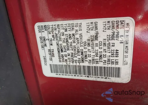 2016 Nissan Rogue Sv from USA, damaged, VIN JN8AT2MTXGW008646